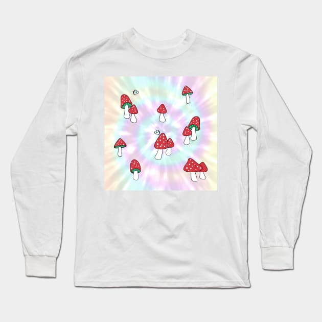 Aesthetic Red Hatted Mushrooms and Butterflies on a Rainbow Pastel Tie Dye Background Long Sleeve T-Shirt by YourGoods